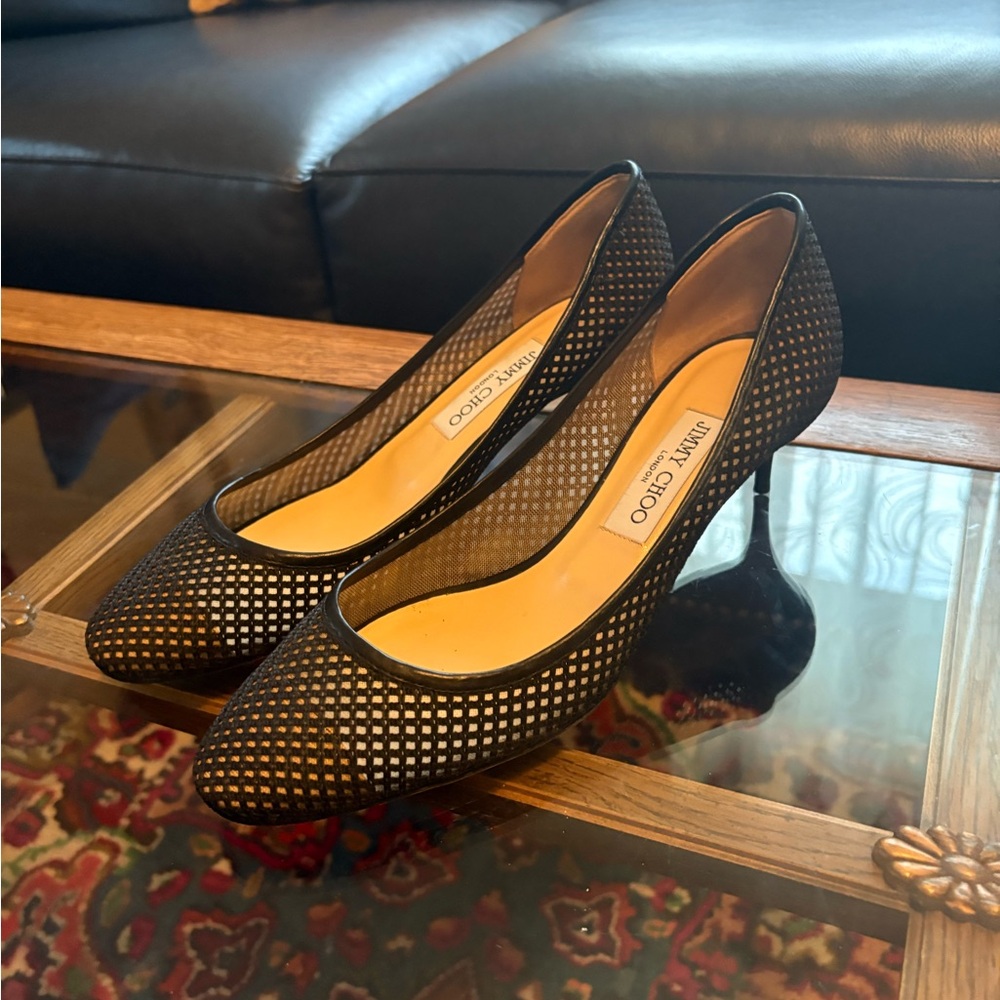 Jimmy Choo Black and Gold Mesh Heels
